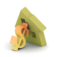 3D illustration of house leaning on dollar sign